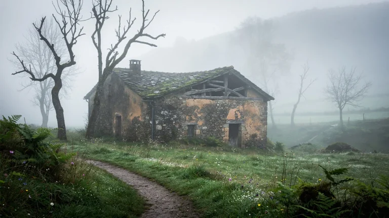 Gîte de hameau à Dompnac enveloppé de brouillard matinal, ambiance mystérieuse et atmosphère paisible