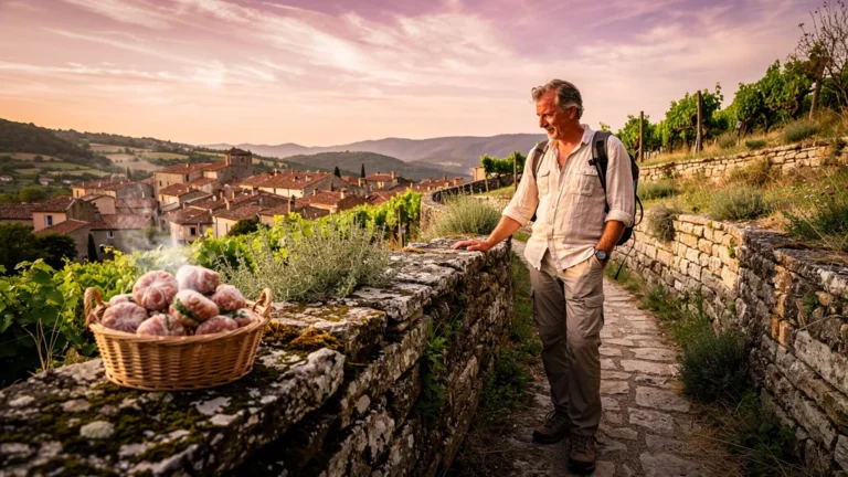 Sentier des faïsses au-dessus de Rosières avec caillette traditionnelle sur un mur en pierre