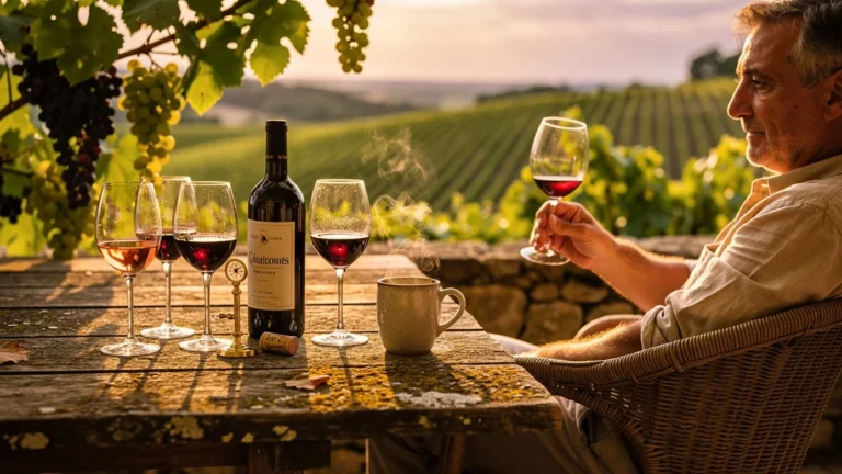 Vue hyperréaliste d'un gîte aux Côtes du Vivarais avec dégustation de vins à différentes températures