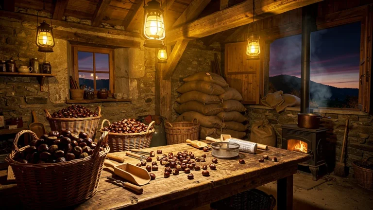 Intérieur chaleureux d'une cabane à châtaignes à Thueyts un soir d'automne, ambiance artisanale traditionnelle