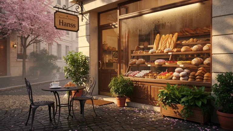 Façade lumineuse et accueillante de la boulangerie pâtisserie Hanss au petit matin printanier