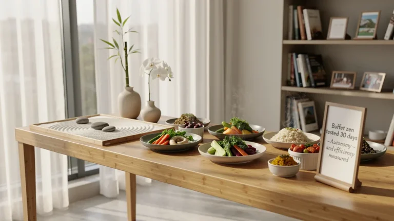 Buffet zen minimaliste naturel et équilibré avec plats sains, ambiance calme et lumière douce