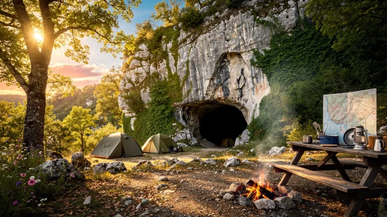 Campsite at the foot of Chauvet Cave with tents and campfire in a lush forest landscape at golden hour