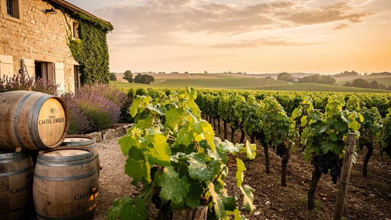 Vignoble Castel Frères au coucher de soleil avec barriques et paysage viticole hyper-réaliste