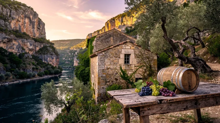 Cellier des gorges de l'Ardèche dans un paysage naturel avec rivière, pierres anciennes et vignoble