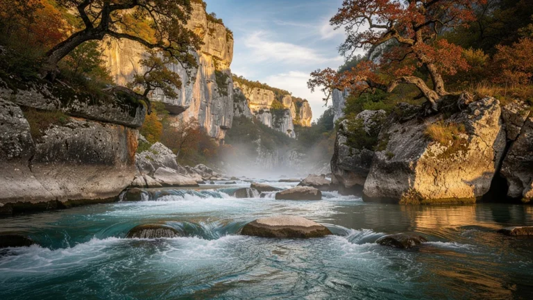 Descente de l'Ardèche avec rivière turquoise et falaises calcaires en lumière naturelle matinale