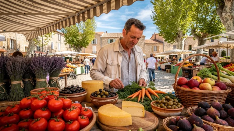 Marché de producteurs entre Largentière et Joyeuse avec un homme explorant les étals de produits frais