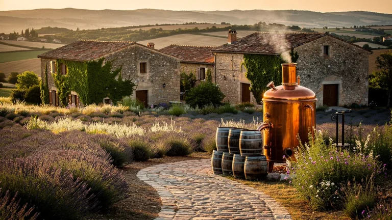 Paysage hyperréaliste de la distillerie Eyguebelle en Drôme Provençale au coucher du soleil