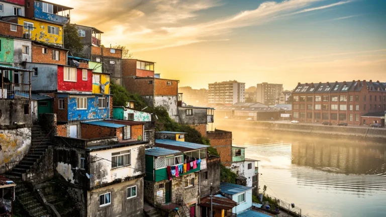 Paysage urbain favelas Nantes mélangeant maisons colorées et textures réalistes, lumière naturelle douce