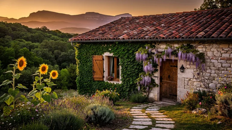 Gîte de charme en Ardèche avec façade en pierre et jardin fleuri au coucher du soleil