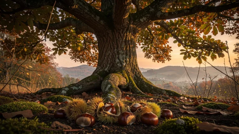 Grove de châtaigniers en Ardèche à l’automne avec châtaignes au sol sous lumière dorée