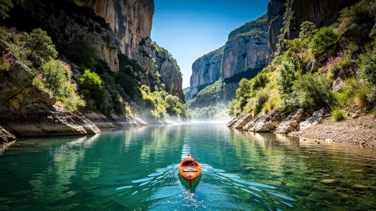 Vue hyper-réaliste des gorges de l'Ardèche avec kayak sur 10 km, paysage spectaculaire et rivière turquoise