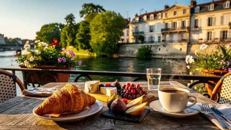 Terrasse gourmande à Bougival avec vue sur la Seine et plats français, ambiance lumineuse et réaliste