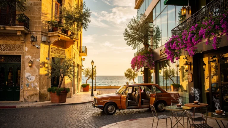Vue hyperréaliste d’une rue animée de Beyrouth en 2024, lumière dorée, textures détaillées, ambiance urbaine authentique