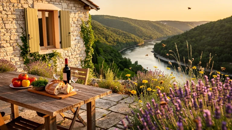 Location vacances en Ardèche, maison en pierre rustique entourée de collines verdoyantes au coucher du soleil
