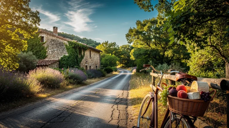 Paysage hyper-réaliste en Ardèche du Sud avec route, ferme et ambiance estivale d’août, séjour gourmand