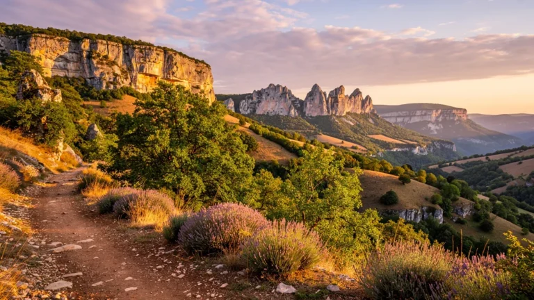 Paysage sublime de l'Ardèche avec collines, falaises et végétation au coucher du soleil