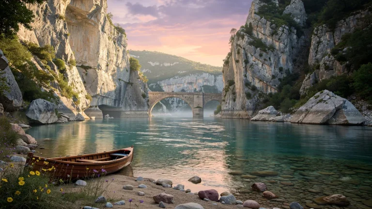 Paysage naturel hyper-réaliste de l'Ardèche avec rivière, falaises et canoë au coucher du soleil