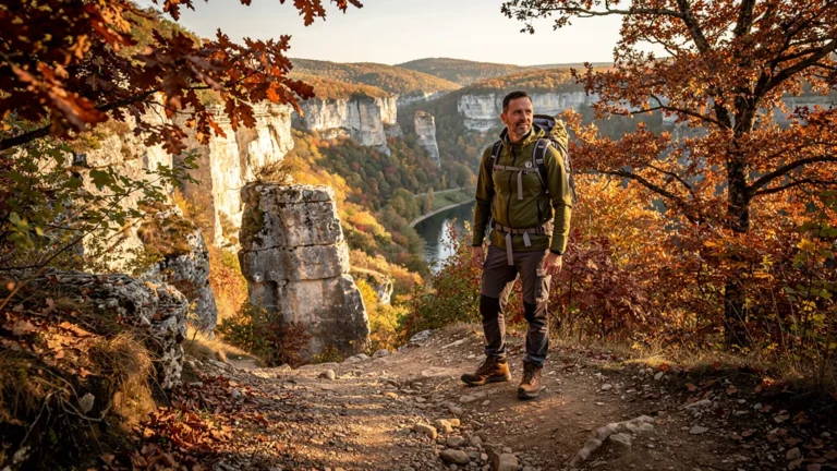 Sentier de randonnée en Ardèche avec un randonneur masculin prêt, lumière dorée d’automne, paysage naturel détaillé