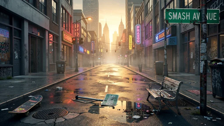 Vue réaliste de Smash Avenue au coucher de soleil, ambiance urbaine détaillée et textures riches