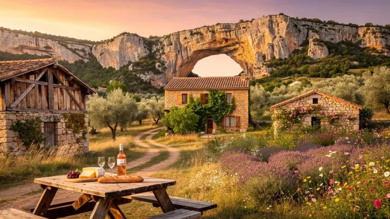 Trois gîtes ruraux authentiques autour de Vallon-Pont-d'Arc au coucher du soleil, paysage naturel détaillé