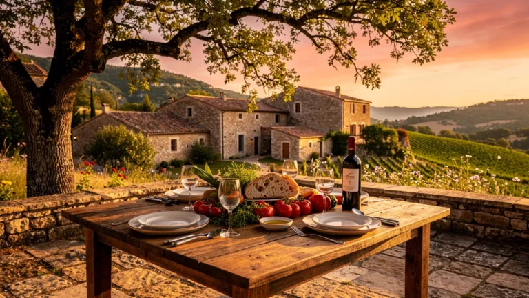 Terrasse d’un gîte en Ardèche avec table d’hôtes dressée au coucher du soleil, ambiance rustique et chaleureuse