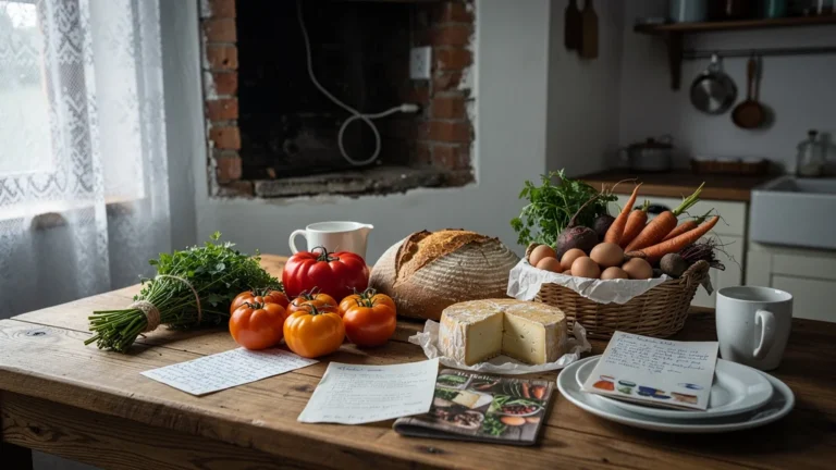Cuisine d’un gîte sans four avec produits fermiers frais gâchés sur une table rustique en bois