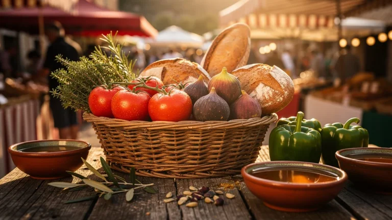 Marché de Ruoms avec panier débordant illustrant la richesse du terroir ardéchois