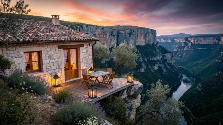 Nuit en gîte de charme au-dessus des gorges en Ardèche, ambiance estivale et lumière chaleureuse