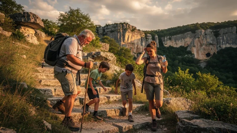 Randonnée familiale difficile vers l'aven d'Orgnac avec paysage rocheux et fatigue visible