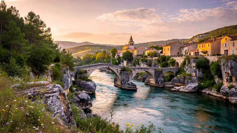 Paysage hyper-réaliste de l’Ardèche avec rivière, falaises, villages et lumière dorée au coucher du soleil